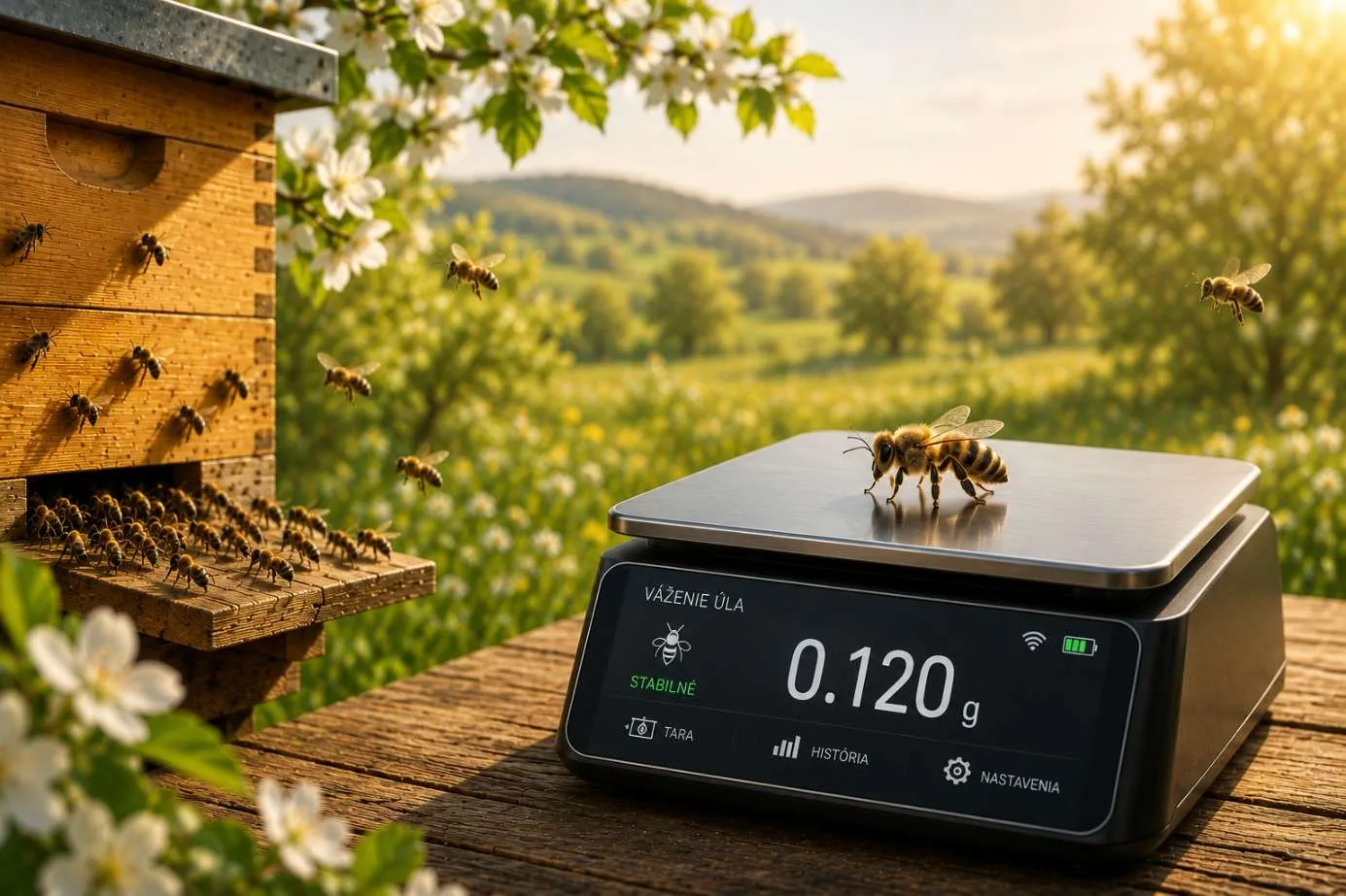 Úľová váha SBA na stanovišti pri úli, na displeji hmotnosť 0.120 g a stav STABILNÉ